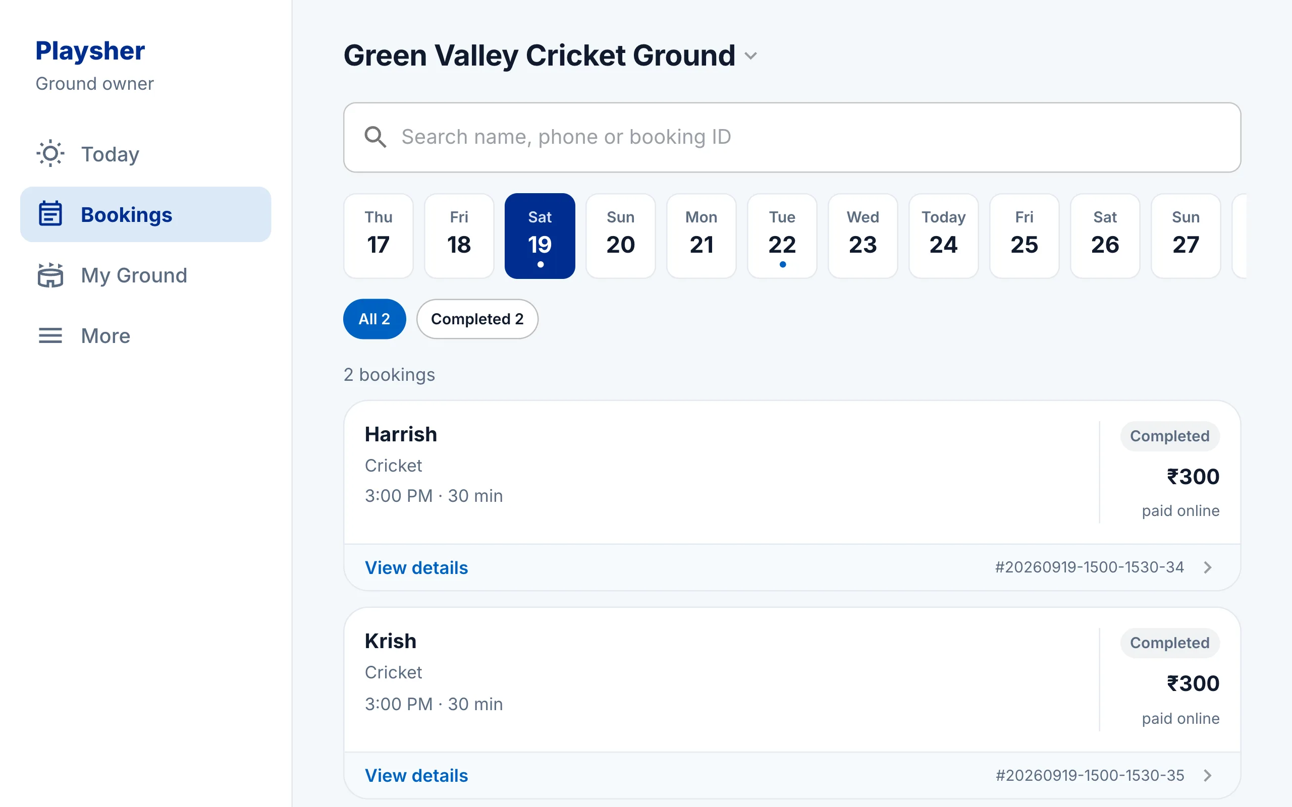 Playsher ground owner panel showing the day's bookings with amounts and payment status