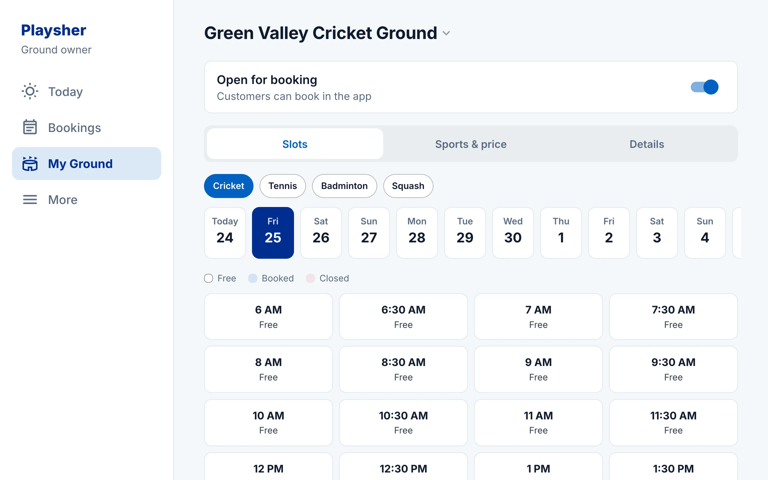 Playsher owner panel showing a day of slots for one ground