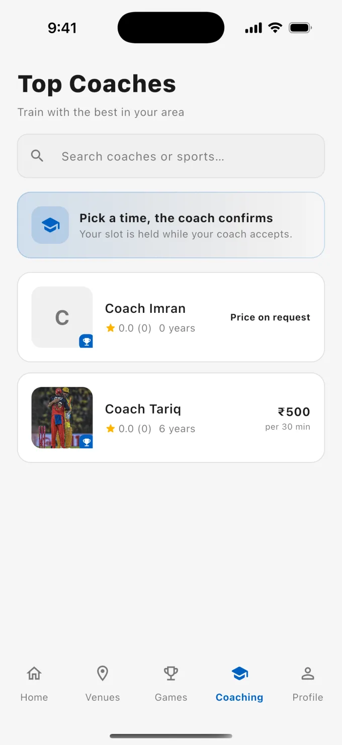 Coaching screen listing coaches