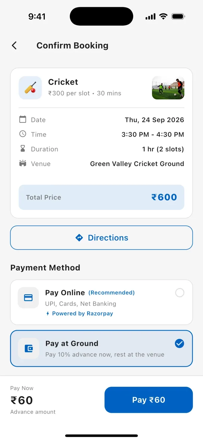 Step three — booking summary with pay online or pay at ground