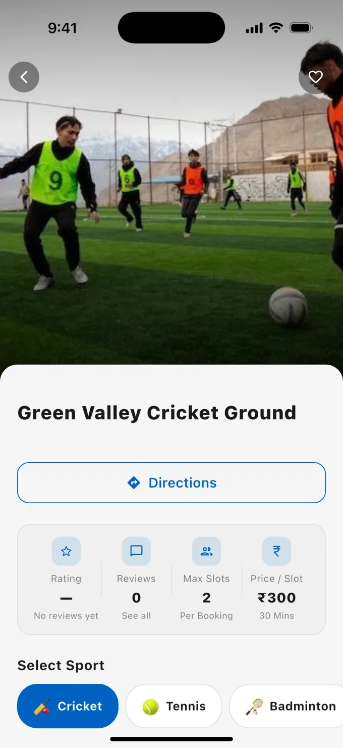 Ground page in the Playsher app with photos, price per slot and sports