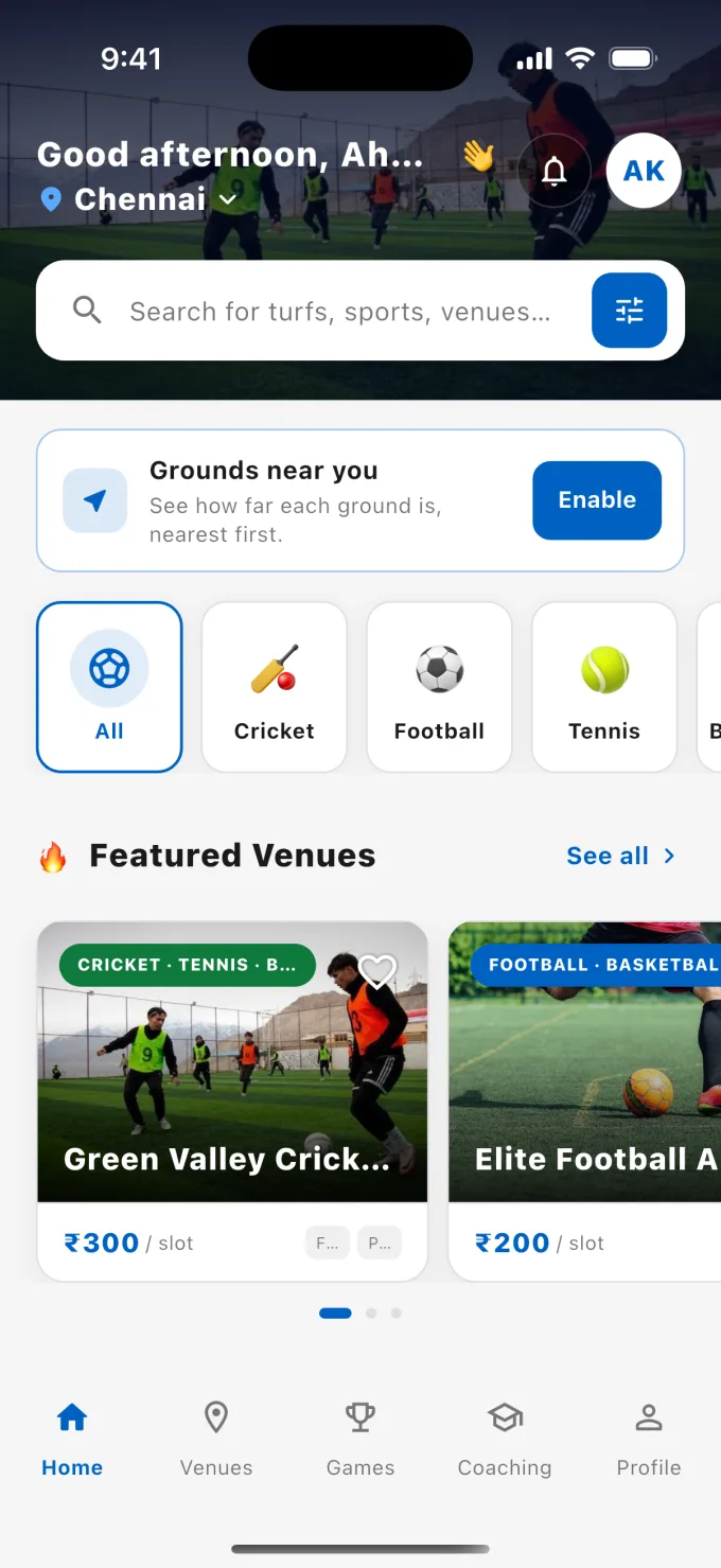 Playsher app home screen showing featured venues and sports near you