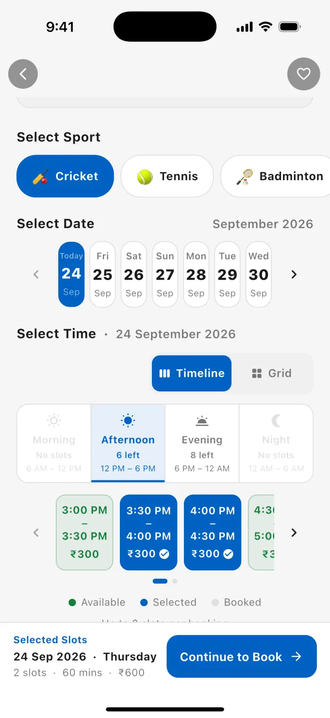 Step two — two free afternoon slots selected