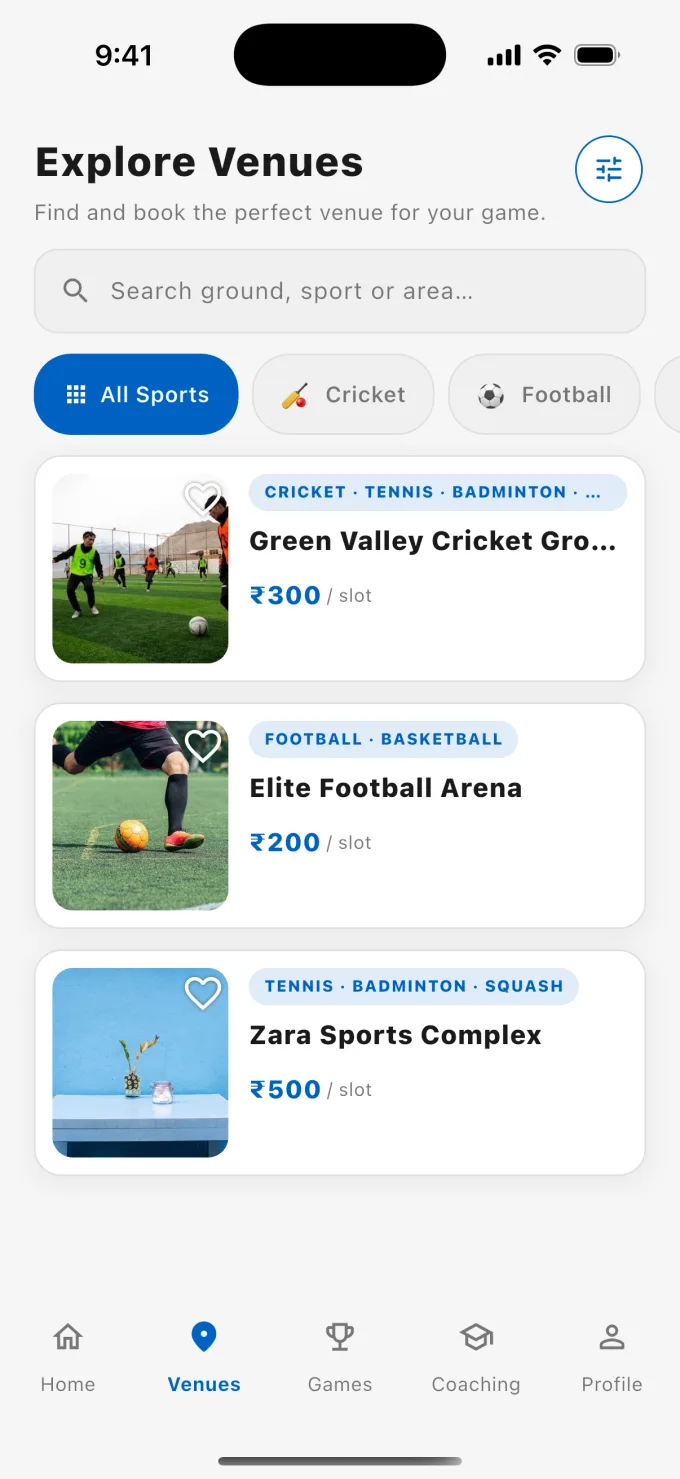 Step one — browsing venues by sport and price